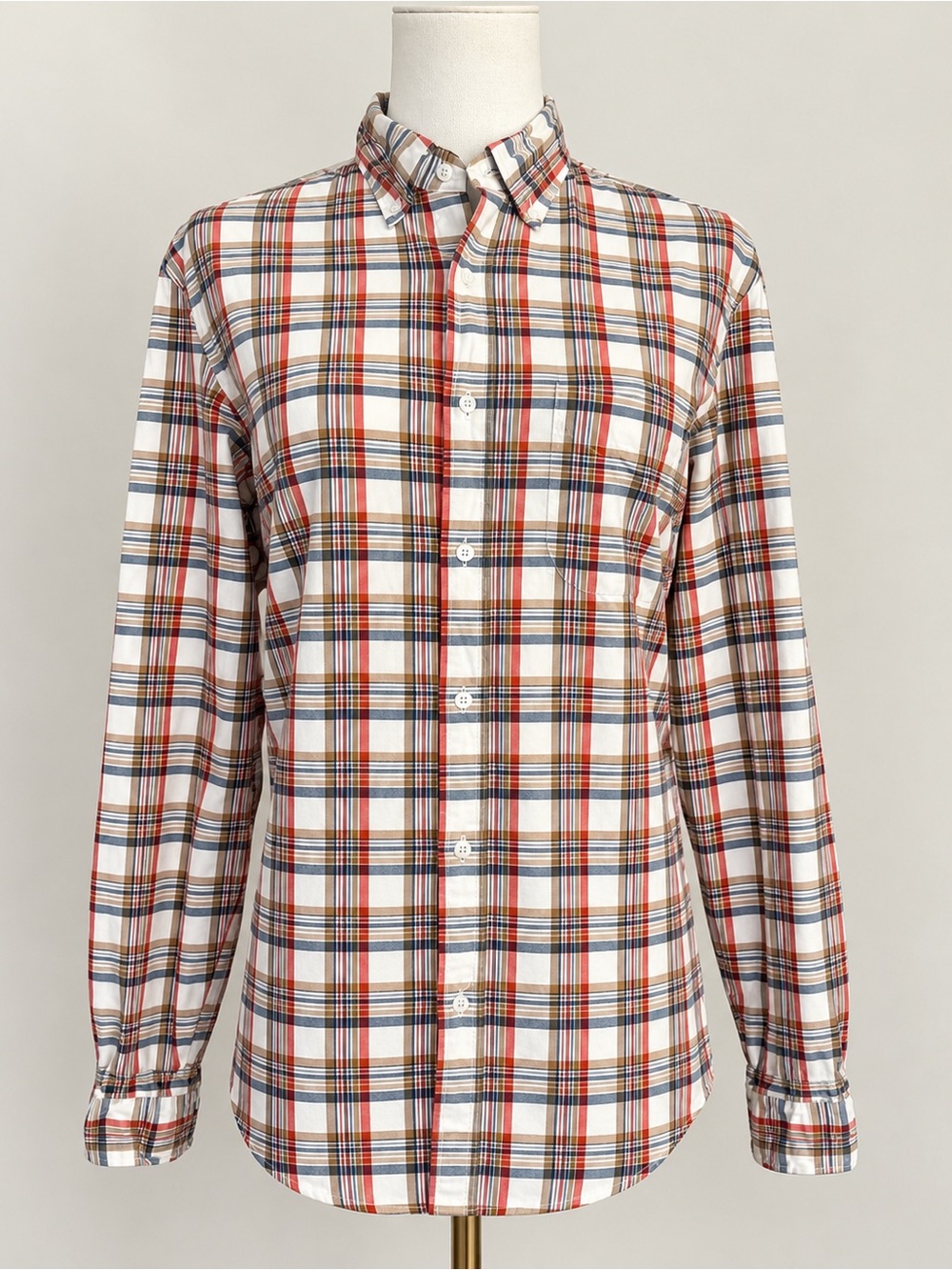 J. Crew Secret Wash Stretch Plaid Button-Down White Shirt with Red Blue Brown